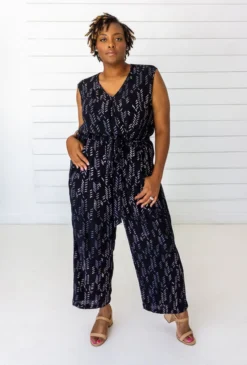 Symbology Stylized Feather Modal Jumpsuit - Black + Cream Special Occasion