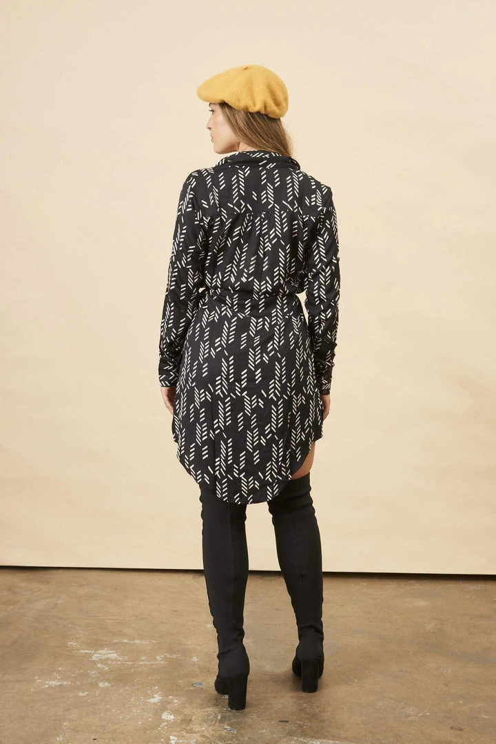 Symbology Best Sellers Stylized Feather Modal Shirtdress - Black + Cream 5 Symbology Best Sellers Stylized Feather Modal Shirtdress - Black + Cream