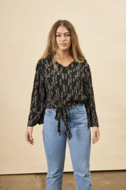 Symbology Stylized Feather Tie Knot Blouse - Black + Cream Clothing