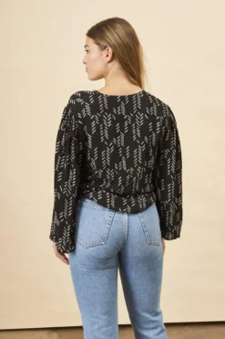 Symbology Stylized Feather Tie Knot Blouse - Black + Cream Clothing