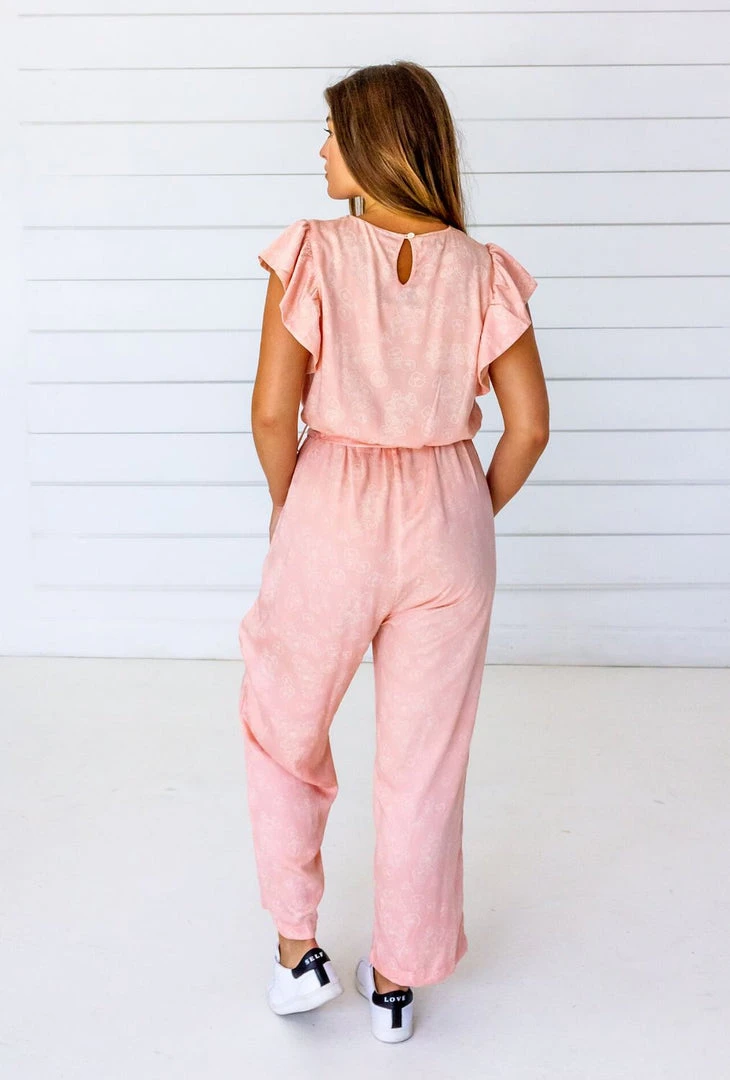 Symbology Tattoo Floral Modal Ruffle Jumpsuit - Blush + Cream 4 Symbology Tattoo Floral Modal Ruffle Jumpsuit - Blush + Cream