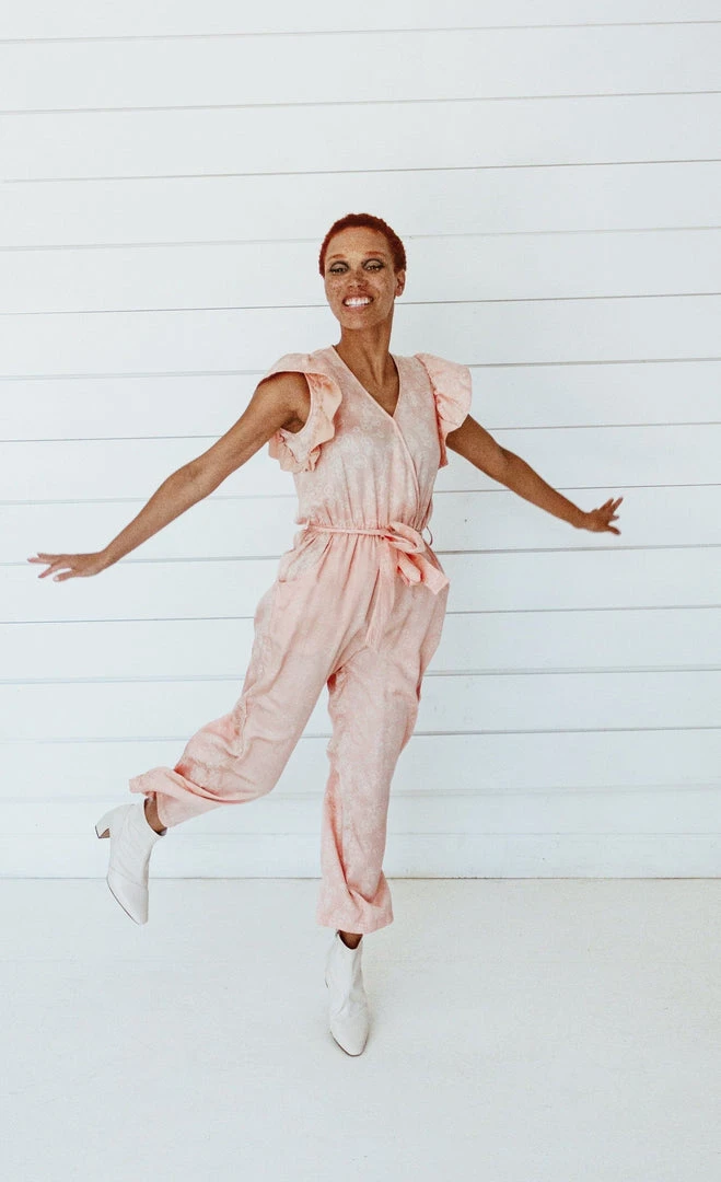 Symbology Tattoo Floral Modal Ruffle Jumpsuit - Blush + Cream 5 Symbology Tattoo Floral Modal Ruffle Jumpsuit - Blush + Cream